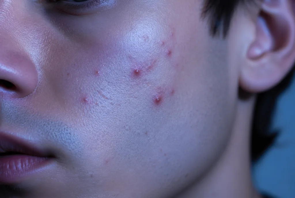 A cheek with a few small breakouts in cool blue light