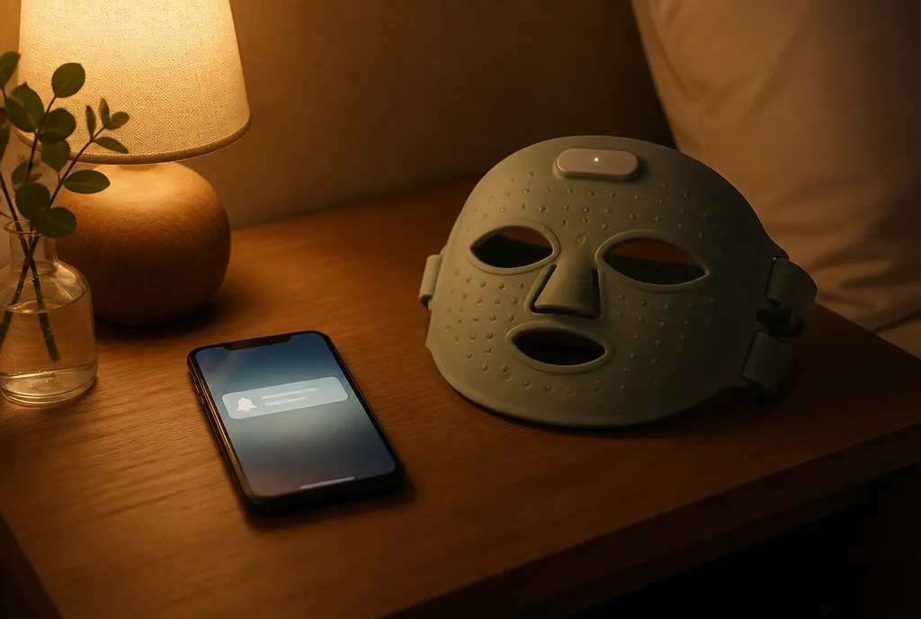 A phone on a bedside table showing a session reminder beside the mask