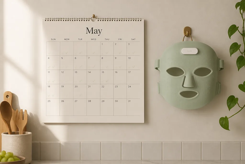 A kitchen wall calendar with sage tick marks beside a hanging LED mask
