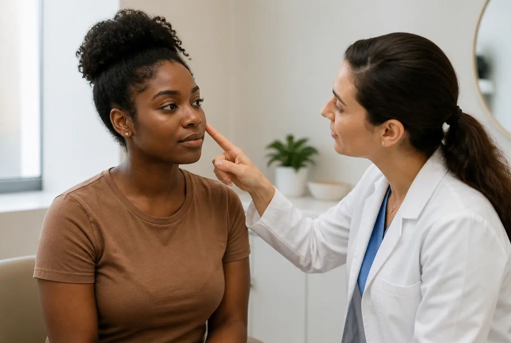 A woman with deep brown skin talking with a dermatologist
