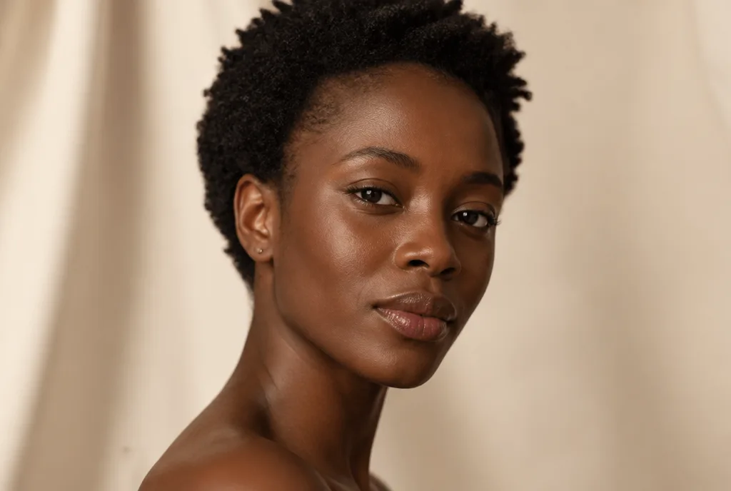 Portrait of a woman with deep brown skin in soft warm light