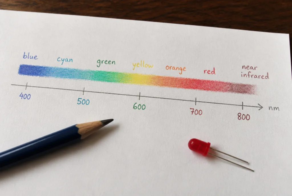 A hand-drawn chart of light wavelengths from blue to near-infrared