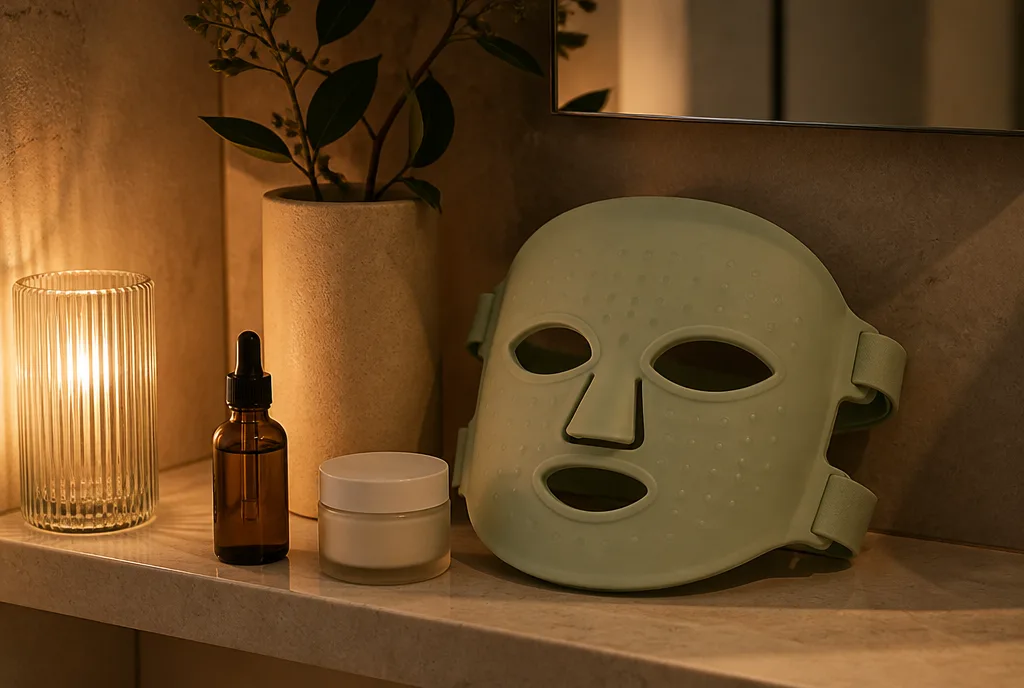 An evening bathroom shelf with a retinol bottle, moisturizer and the Lumen Mask