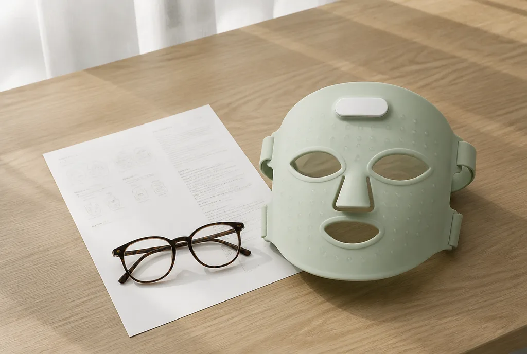 A desk with a device information sheet, glasses and an LED mask