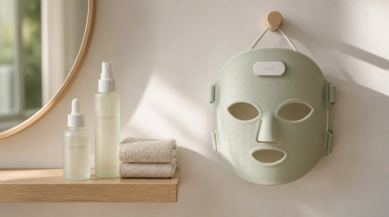 A bathroom shelf with Halvia products and the mask on a hook