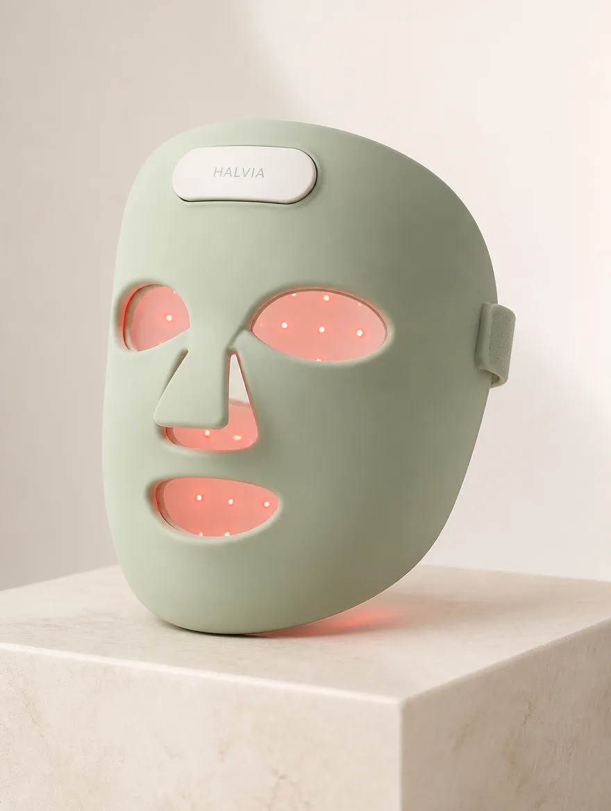 Halvia Lumen Mask glowing red on a stone plinth