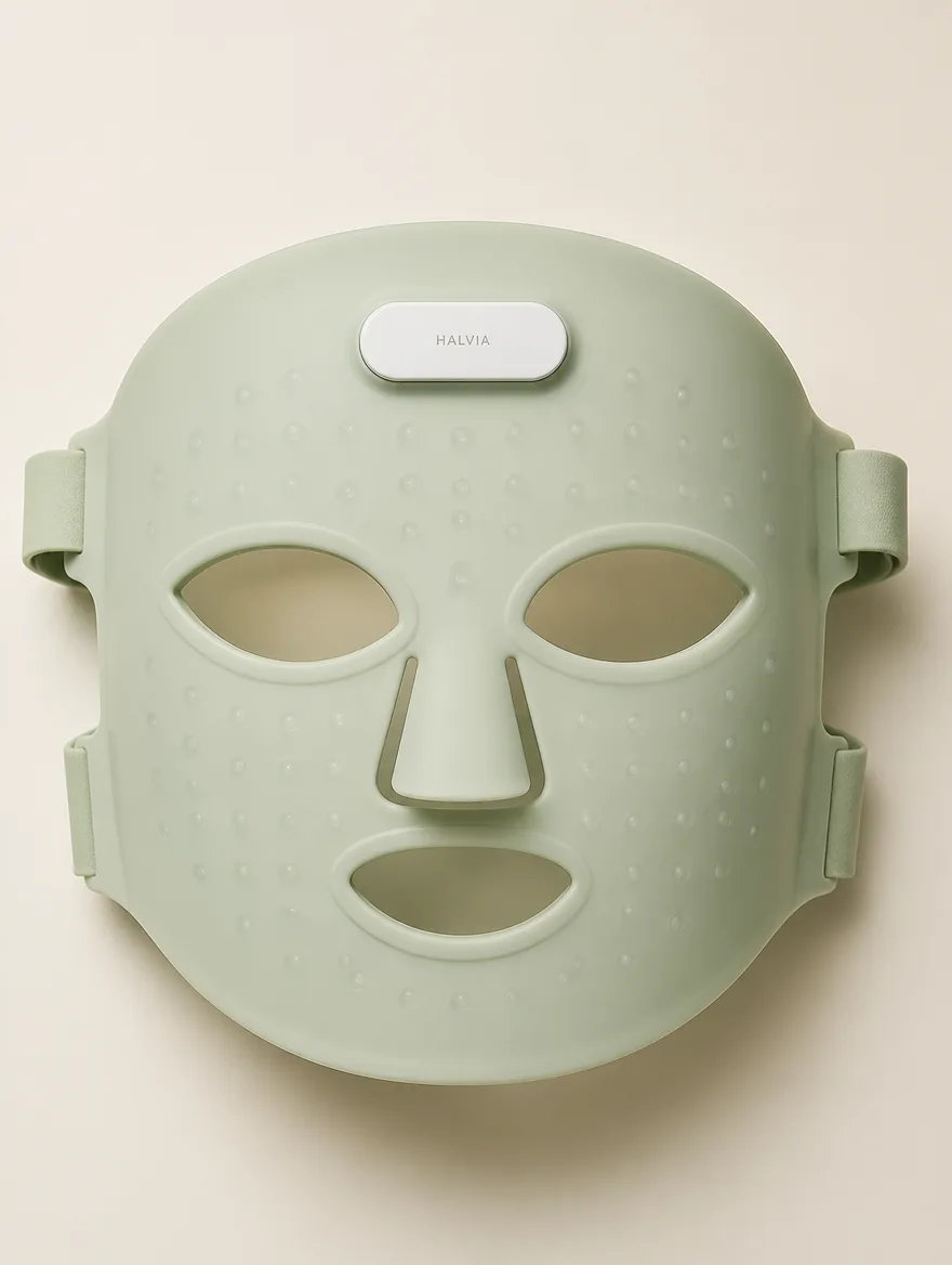 The Halvia Lumen Mask in sage silicone, front view