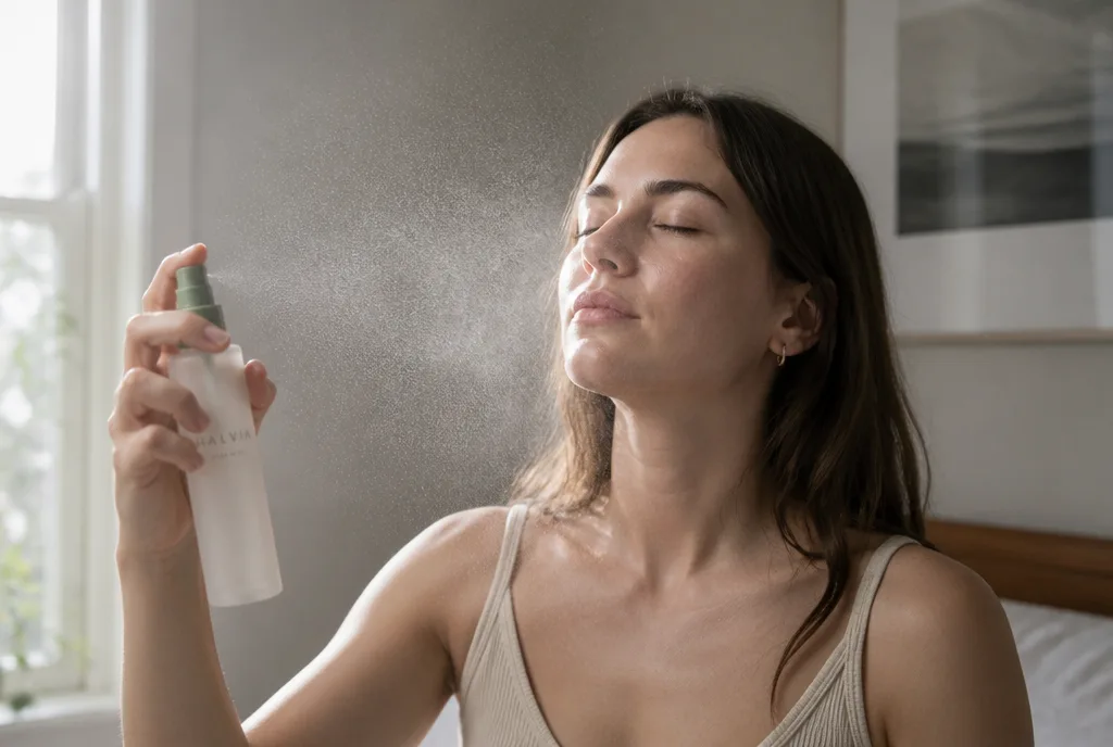 A woman spraying Prep Mist onto her face