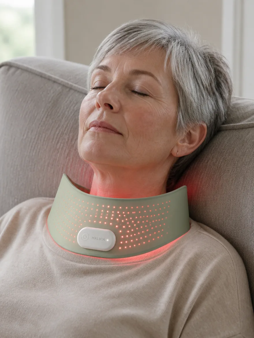 A woman reclining on a sofa wearing the Neck & Chest panel