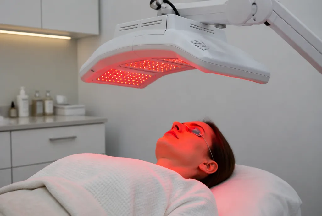 A person under a professional LED panel in a clinic