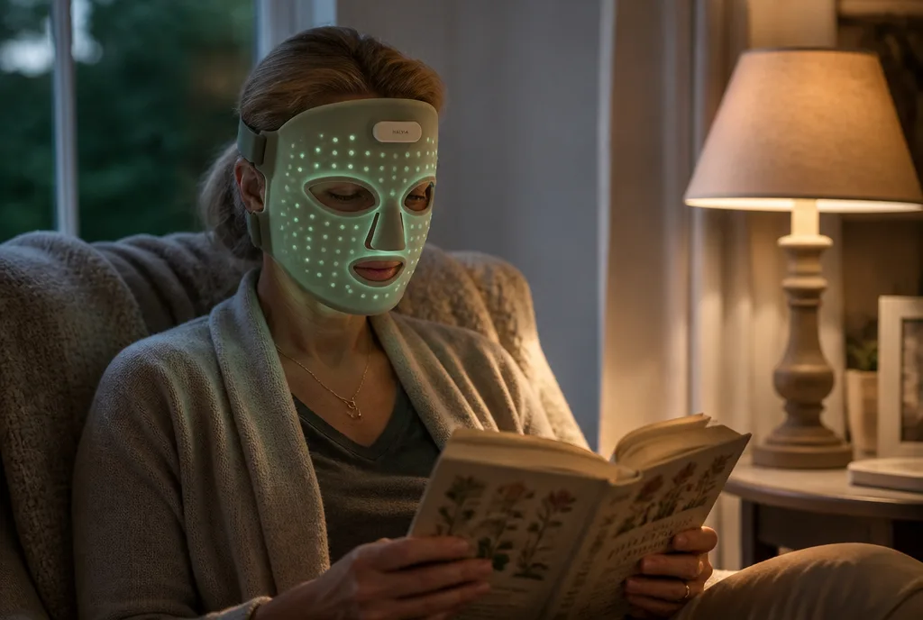 A woman reading in an armchair wearing the Lumen Mask