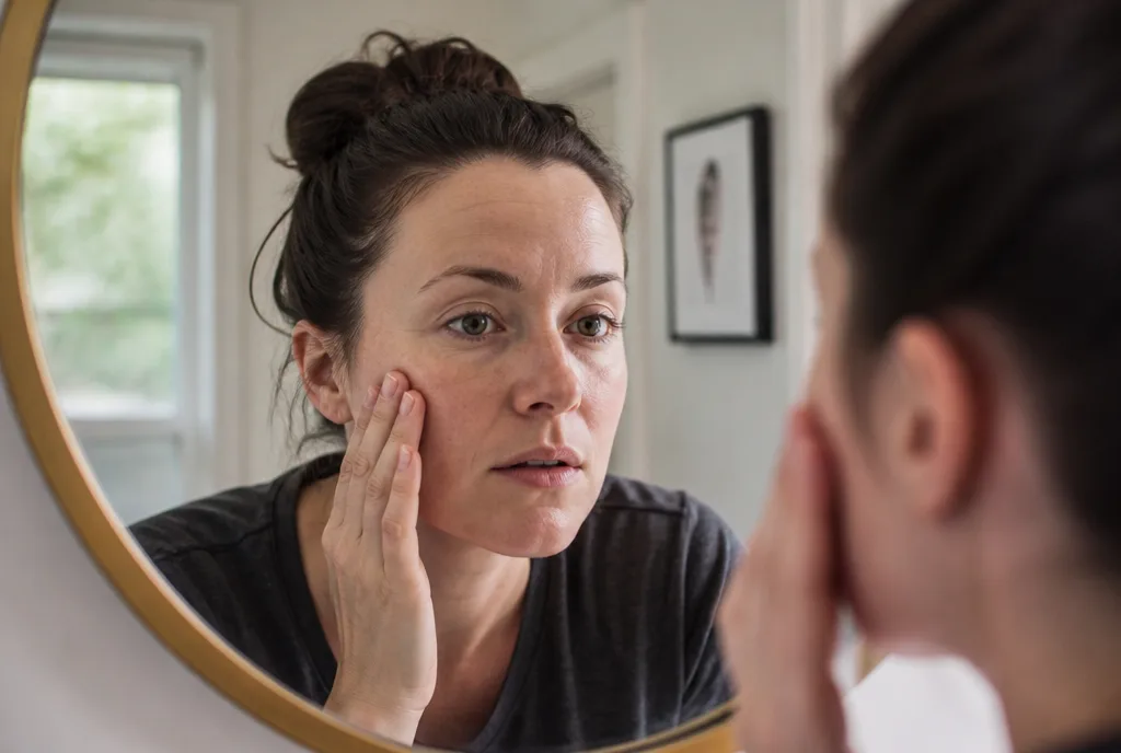 A woman studying her skin in a round bathroom mirror