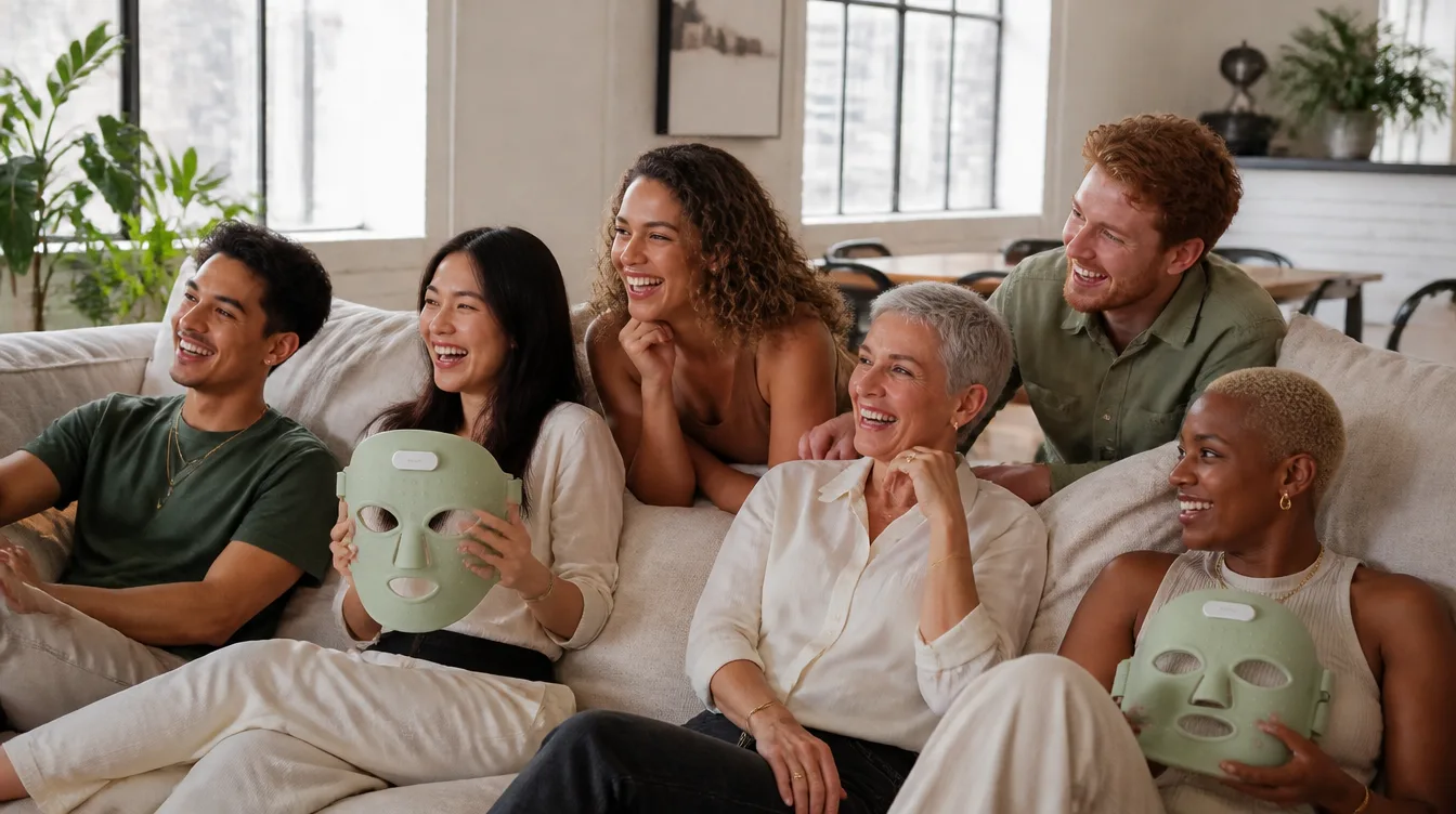 A group of customers on a sofa, two holding Lumen Masks