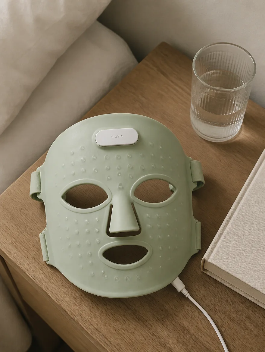 The Lumen Mask on a bedside table next to a book