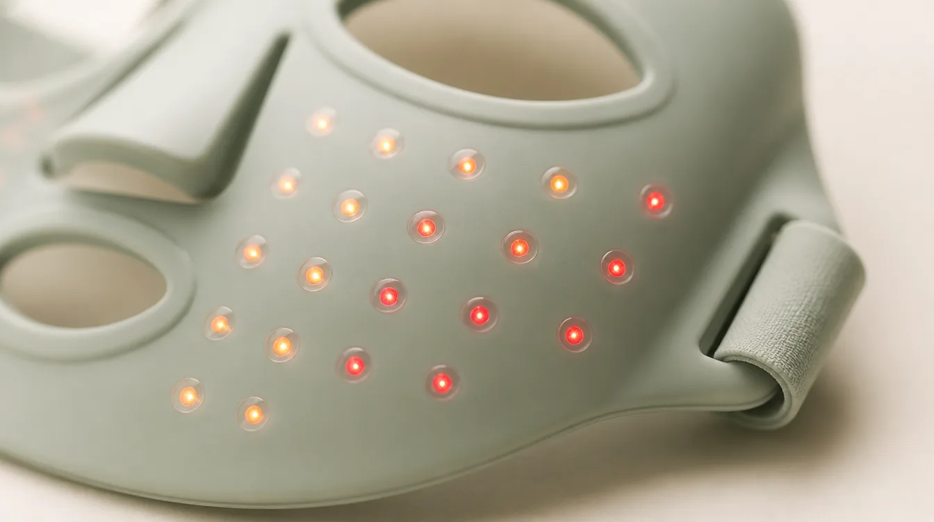 Close-up of LEDs glowing red and amber inside sage silicone