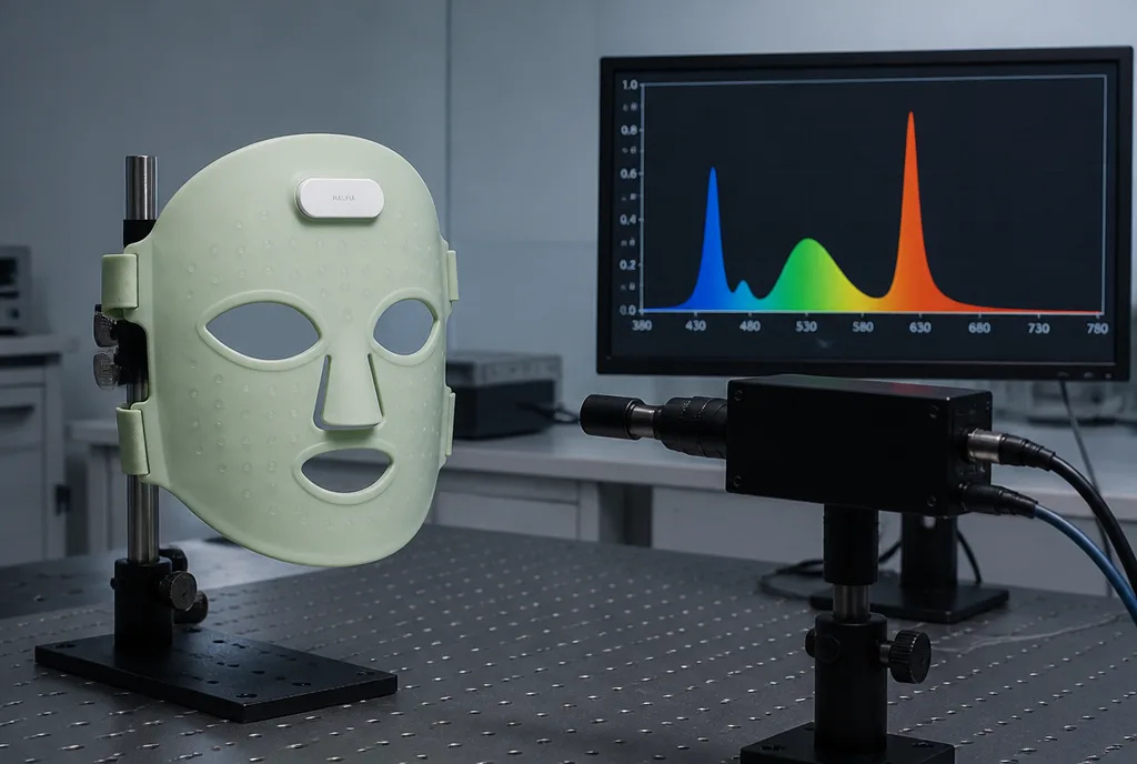 The Lumen Mask on an optical bench facing a spectrometer probe