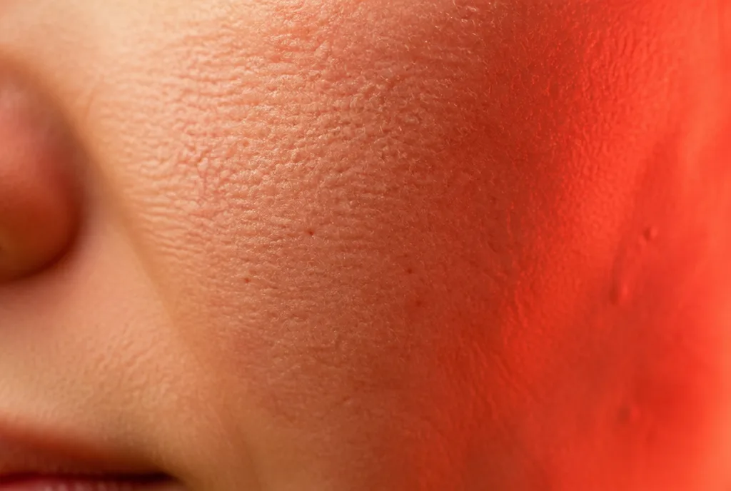Macro of cheek skin lit by warm red light