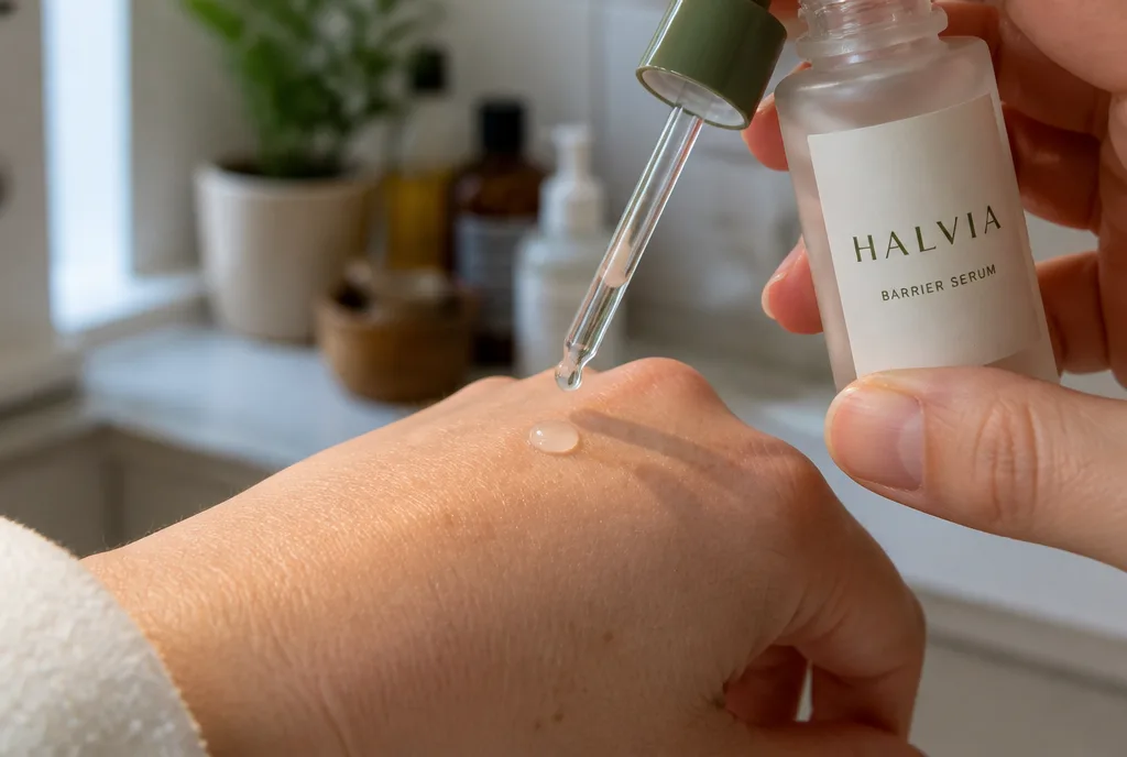 A drop of Barrier Serum on the back of a hand