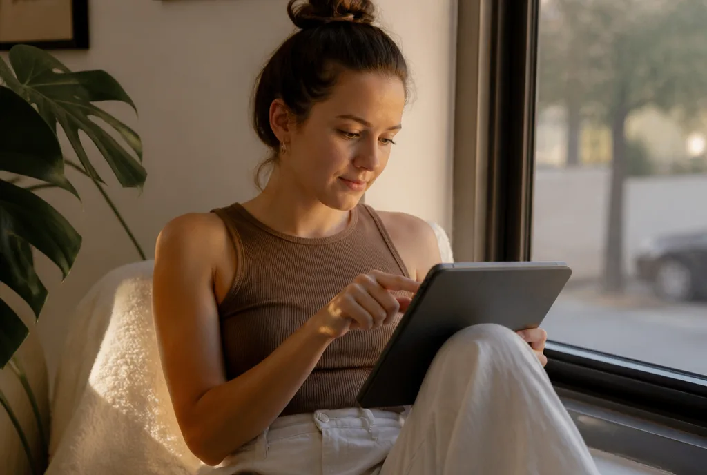 A woman on a window seat answering the skin quiz on a tablet
