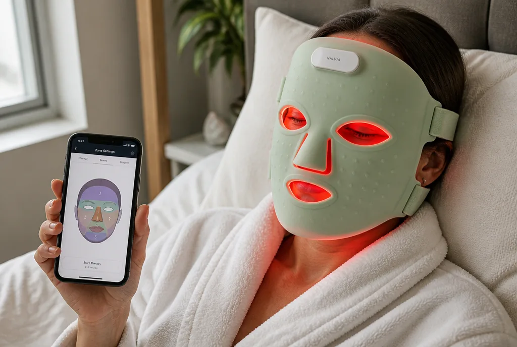 A woman in a bathrobe wearing the mask while setting zones on her phone