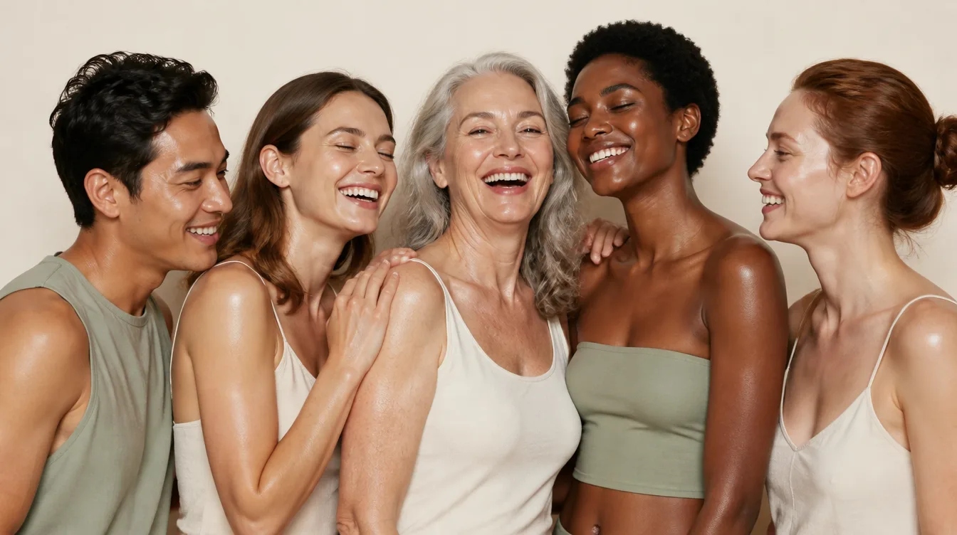 Five people of different ages and skin tones laughing together