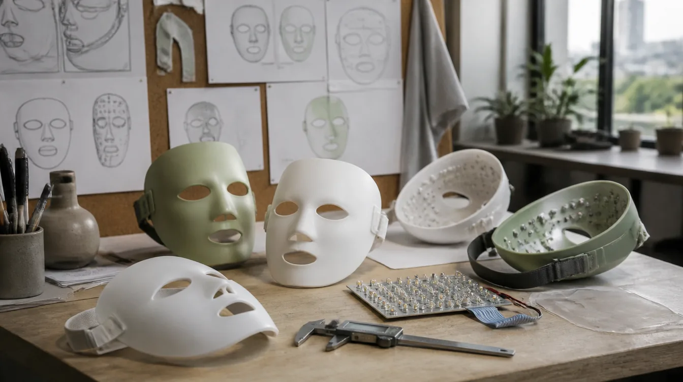 A design workbench with early prototype LED masks
