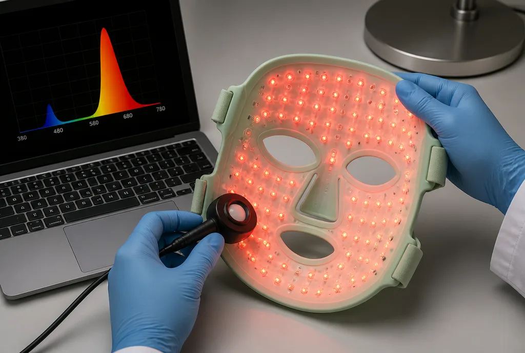 Gloved hands measuring the light from a glowing Lumen Mask