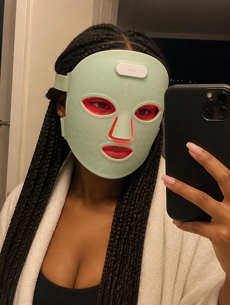 A woman in a bathroom mirror selfie wearing the mask glowing red