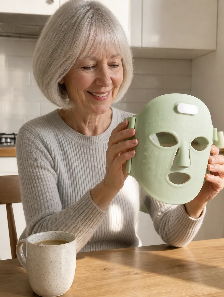 A woman at a kitchen table smiling at her mask