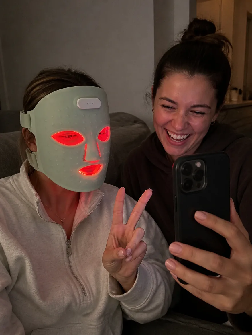 Two friends on a sofa, one wearing the mask