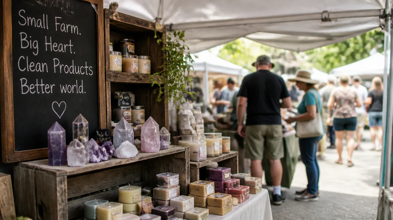 A country makers market stall with crates of candles, soaps and crystals