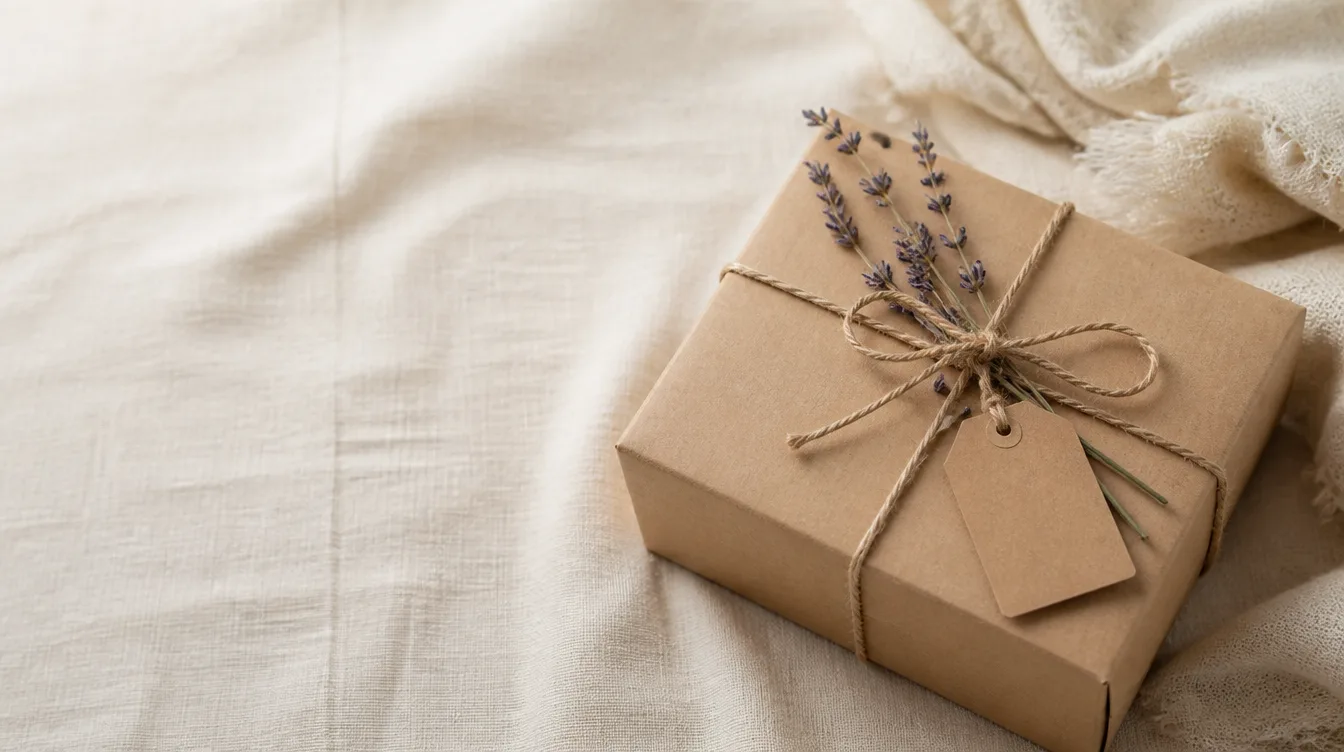 A kraft gift box tied with twine on cream linen with dried lavender
