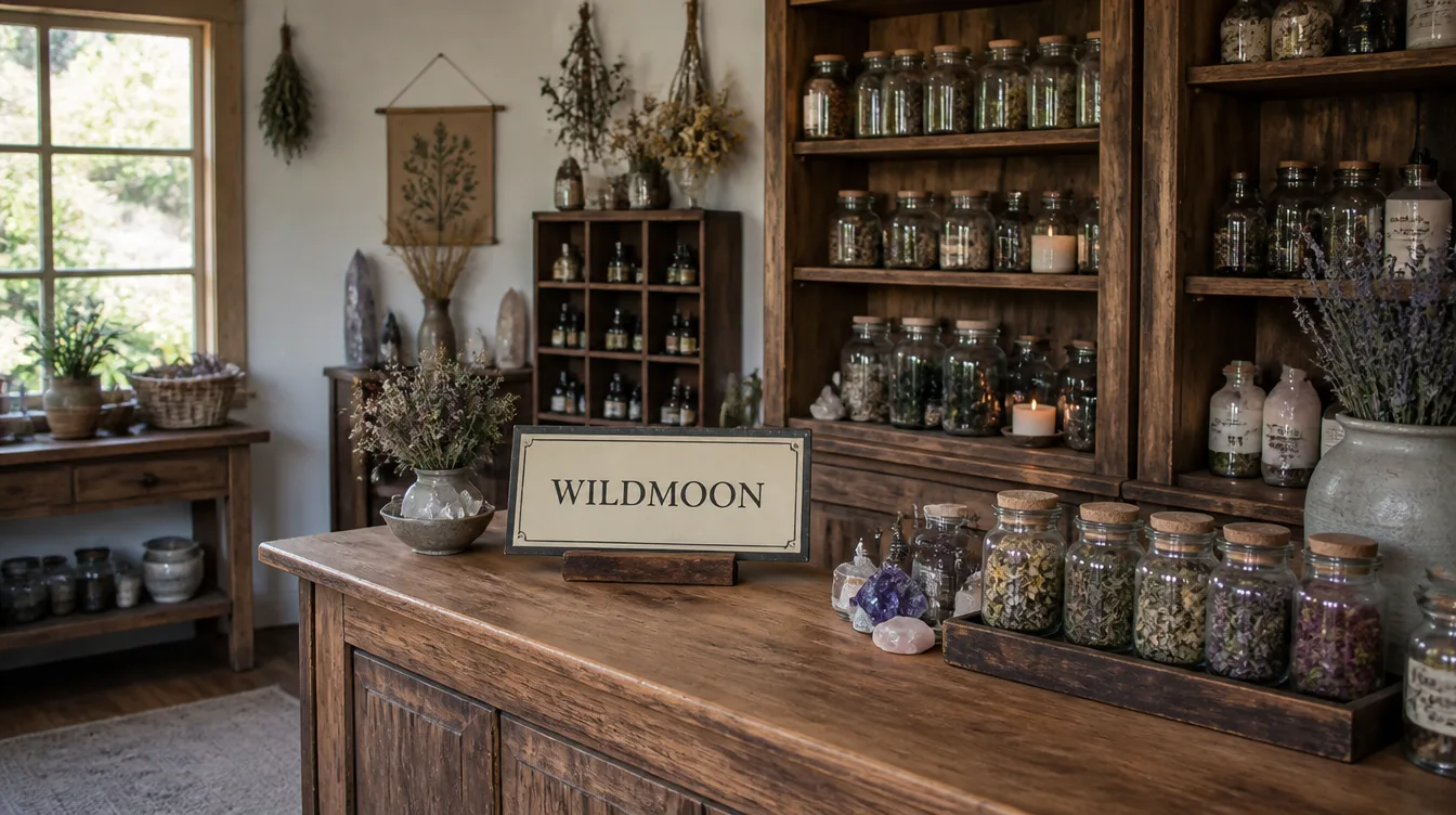 The inside of the Wildmoon shop with a timber counter, jars of herbs and candles