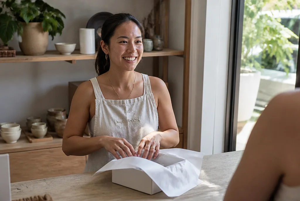 A Wildmoon team member wrapping an order in tissue paper at the shop counter