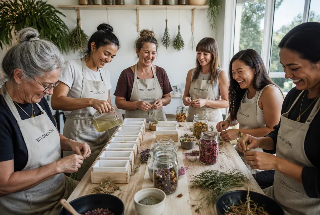 Women around a workshop table pouring soap and tying herb bundles in Wildmoon aprons
