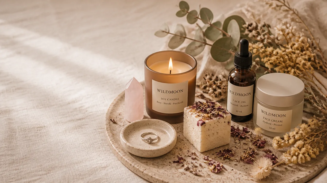 Wildmoon candle, face oil, cream jar, bath fizzer and rose quartz on cream linen with wattle and gum blossom