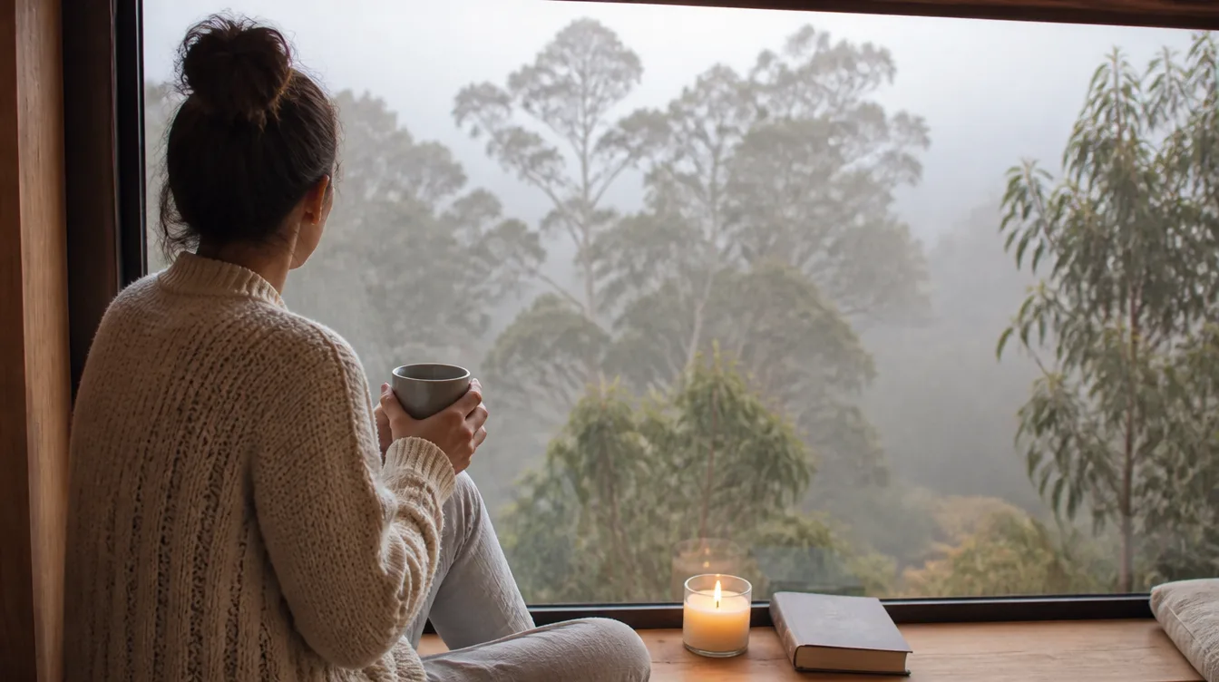 A woman on a window seat with a mug looking out at misty gum trees
