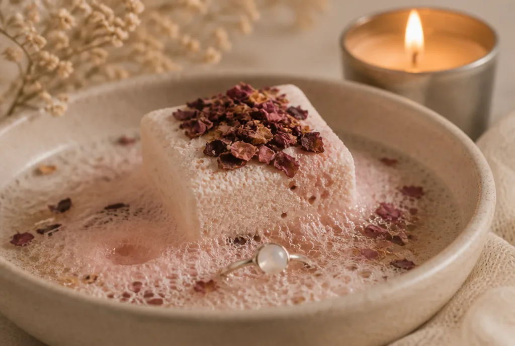A rose bath fizzer dissolving in a ceramic bowl with a sterling silver moonstone ring emerging