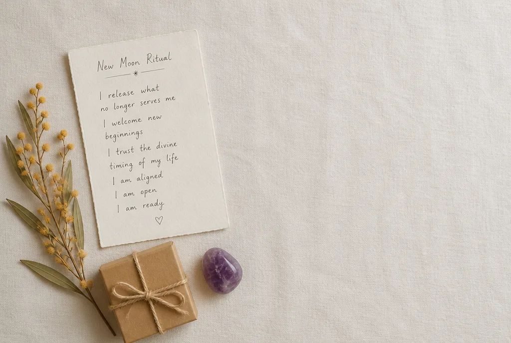 A handwritten new moon ritual card, dried wattle, a kraft gift box and a tumbled amethyst on linen