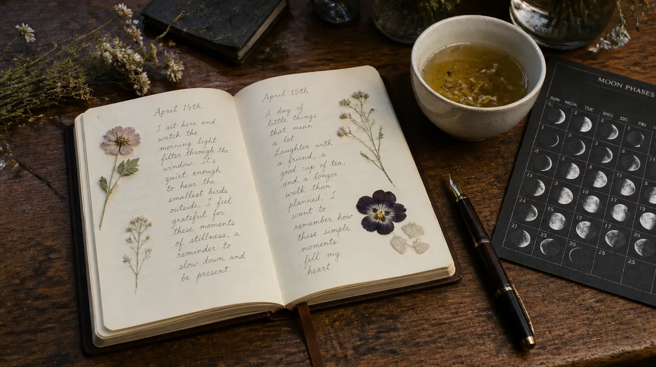 An open handwritten journal with pressed flowers, tea and a moon calendar