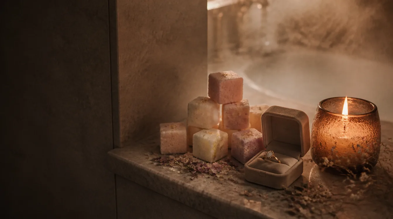 Pastel bath fizzers, an amber candle and an open ring box on a bathroom ledge