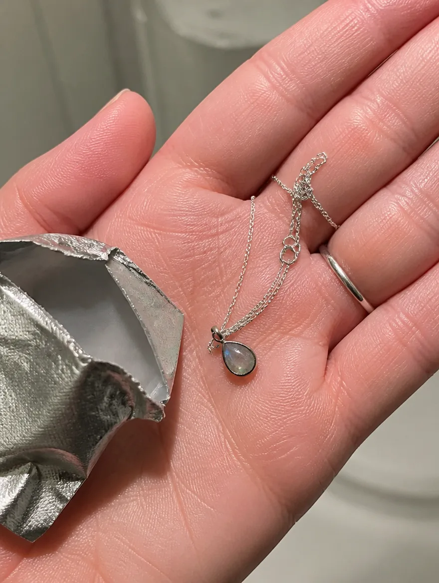 Labradorite drop pendant in an open palm beside a torn foil pouch