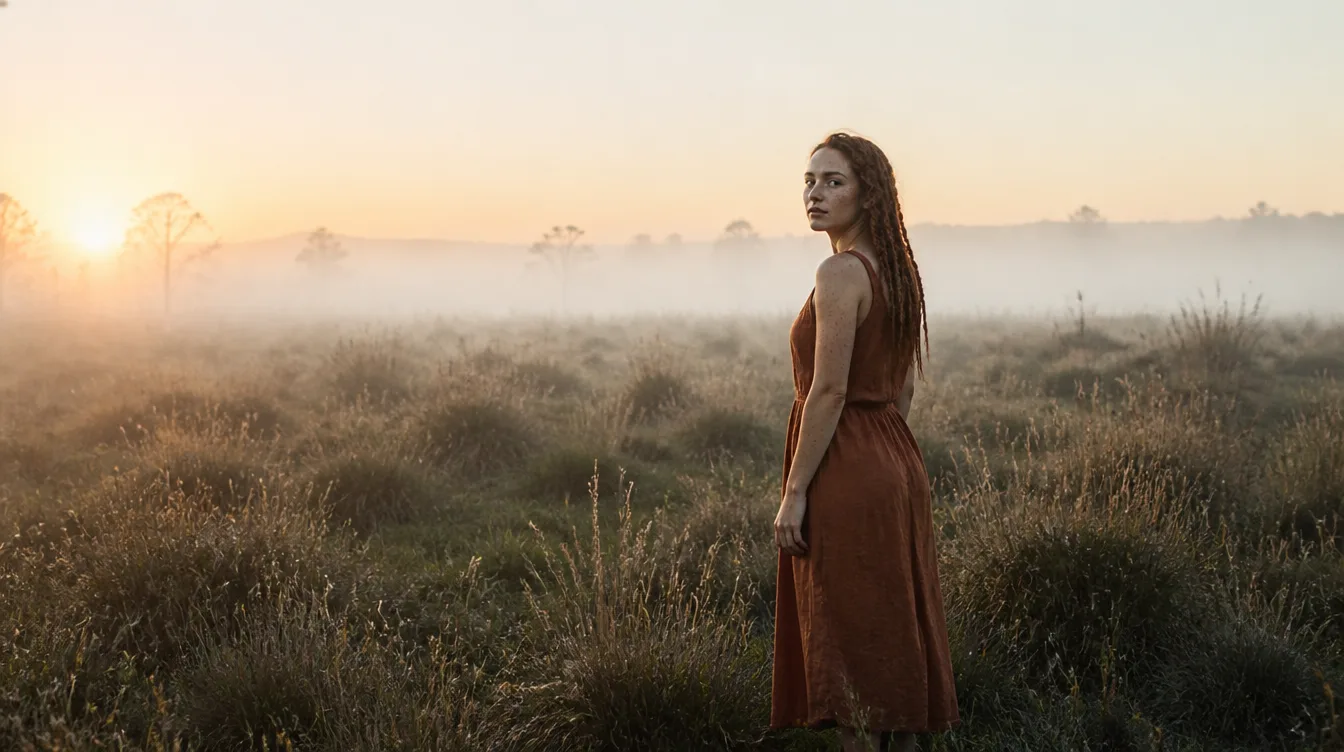 A woman in a rust linen dress in a misty paddock of native grasses at sunrise