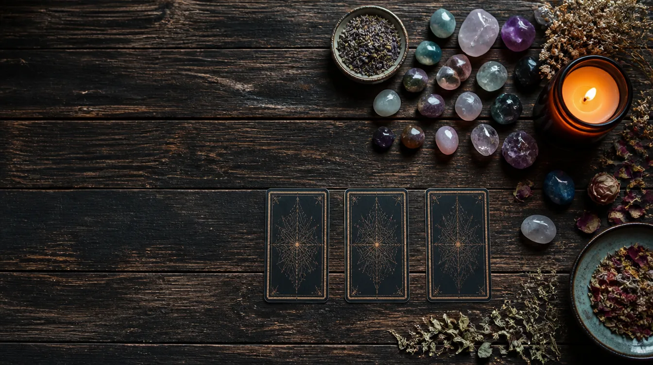 Tumbled crystals, a candle, dried herbs and three face-down cards on dark timber