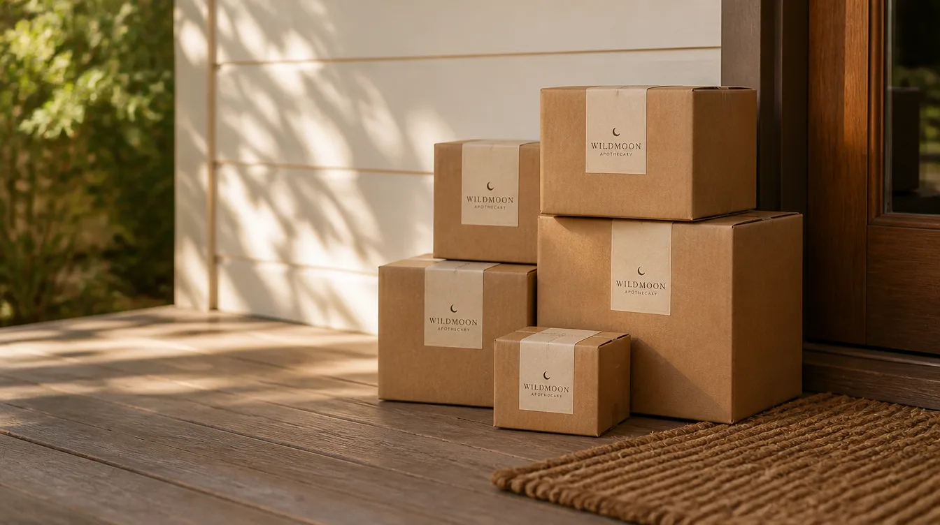 Kraft shipping boxes sealed with Wildmoon stickers on a timber porch