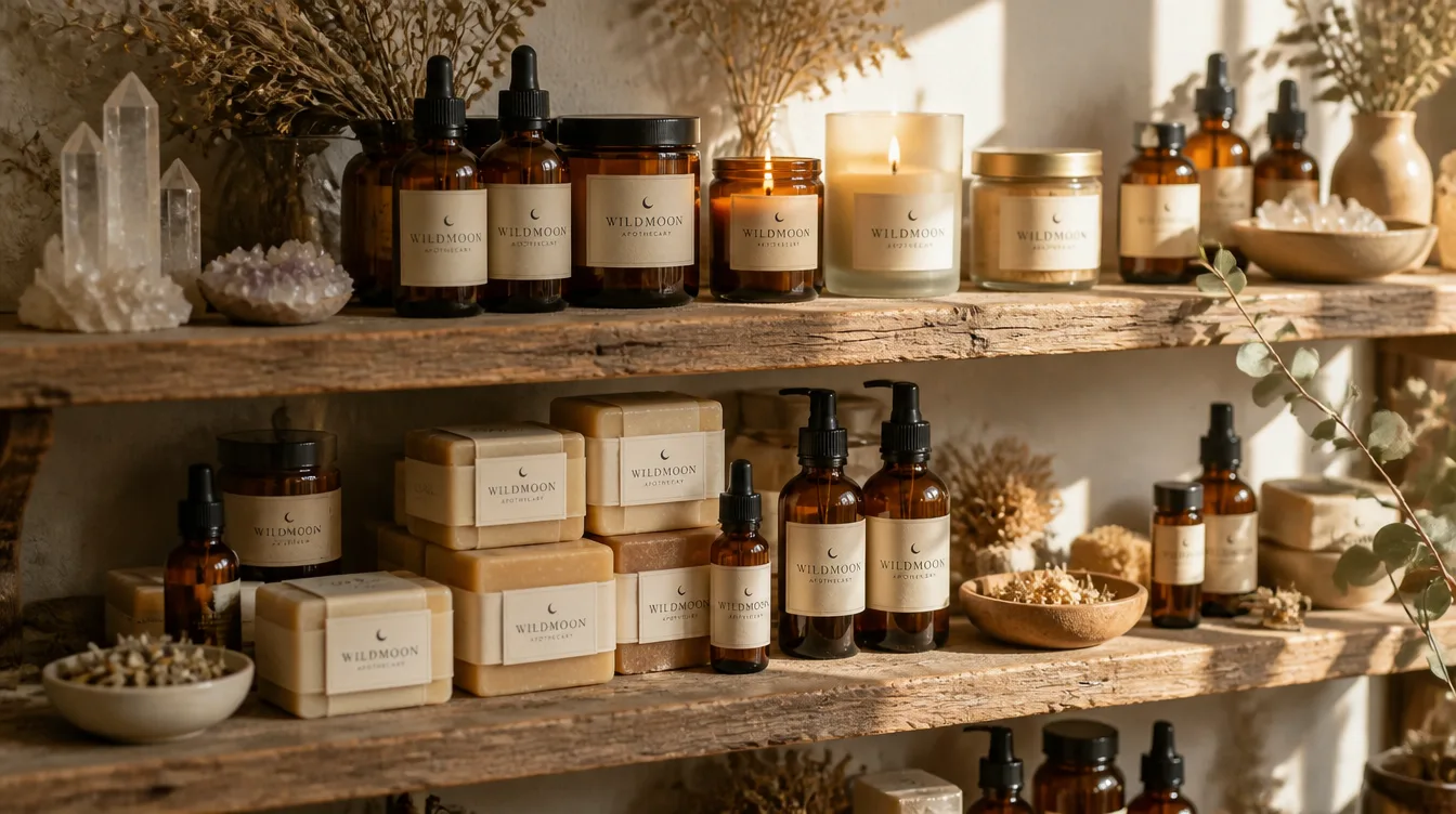 Timber apothecary shelves lined with Wildmoon bottles, candles, soaps and crystals