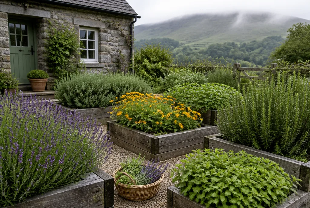 Raised herb beds of rosemary, lavender and calendula behind a country cottage