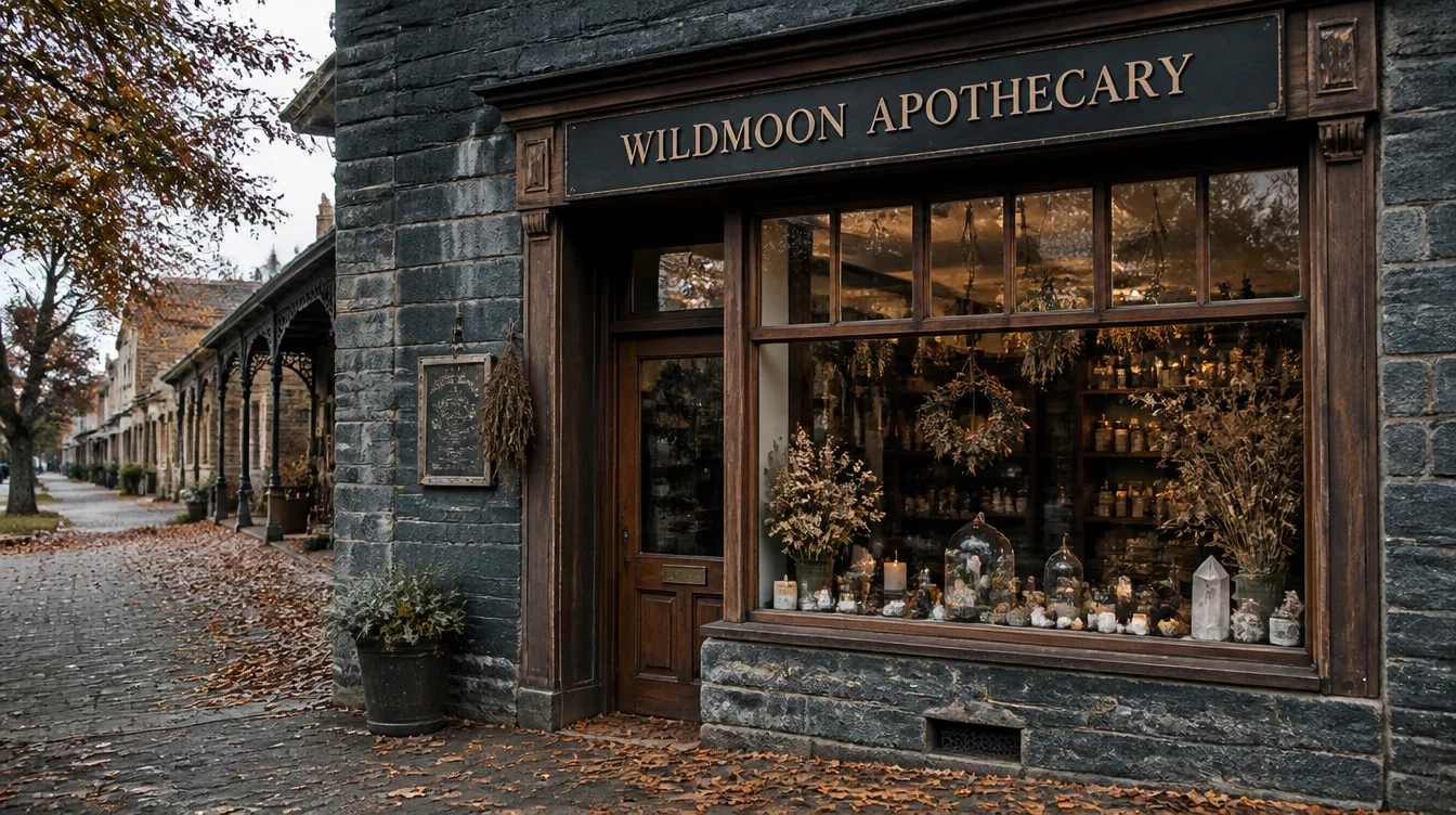 The Wildmoon Apothecary bluestone shopfront on a country main street in autumn