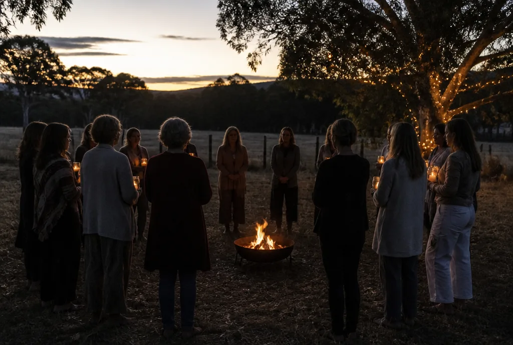 A small circle of people with candles in jars around a fire pit at dusk