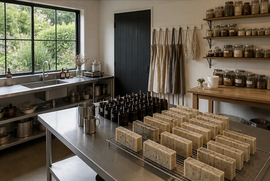 The Wildmoon studio with soap curing on racks and candle jars ready to pour
